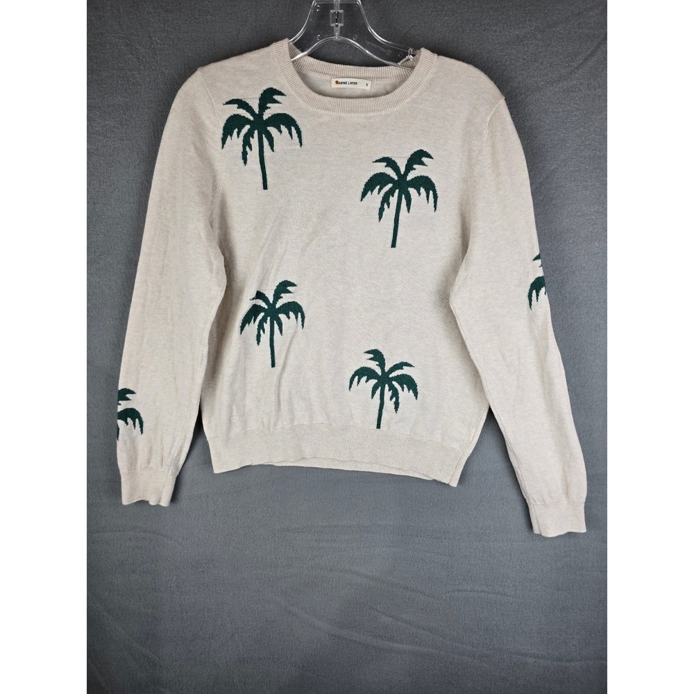 Marine Layer Sweater Women S Beige Green Palm Tree Intarsia Knit Beachy Coastal